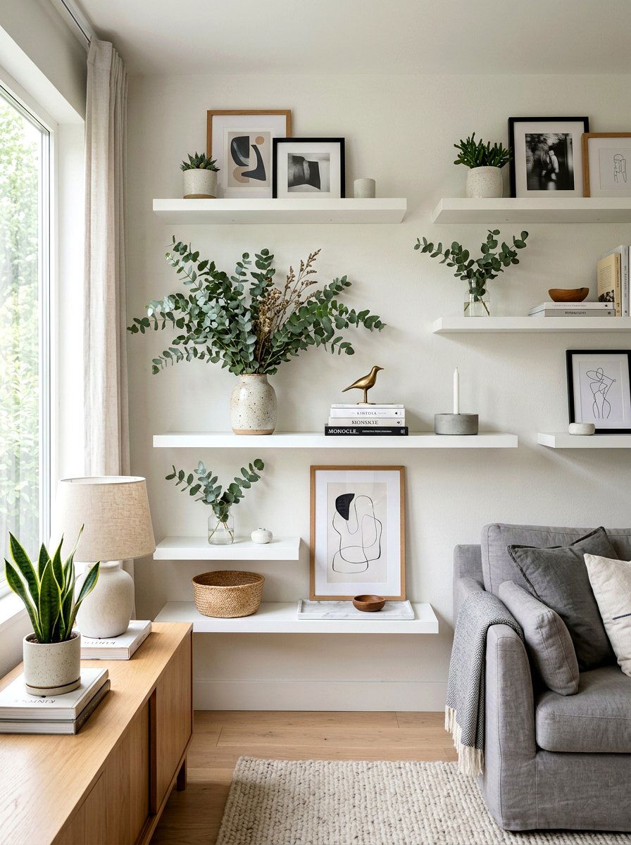Eucalyptus Floating Shelves Living Room - 25 Spring Eucalyptus Decor Ideas