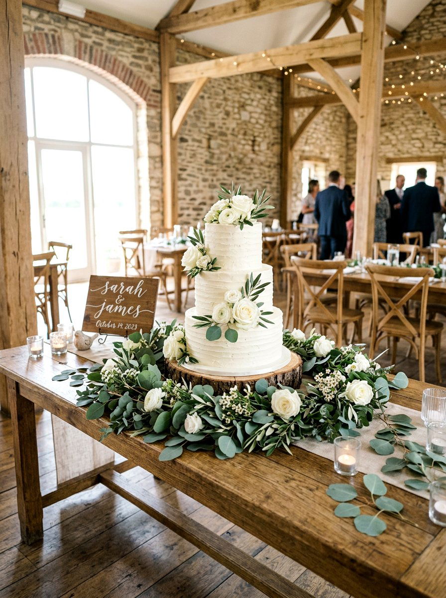Eucalyptus Garland Cake Display - 25 Spring Wedding Cake Table Ideas
