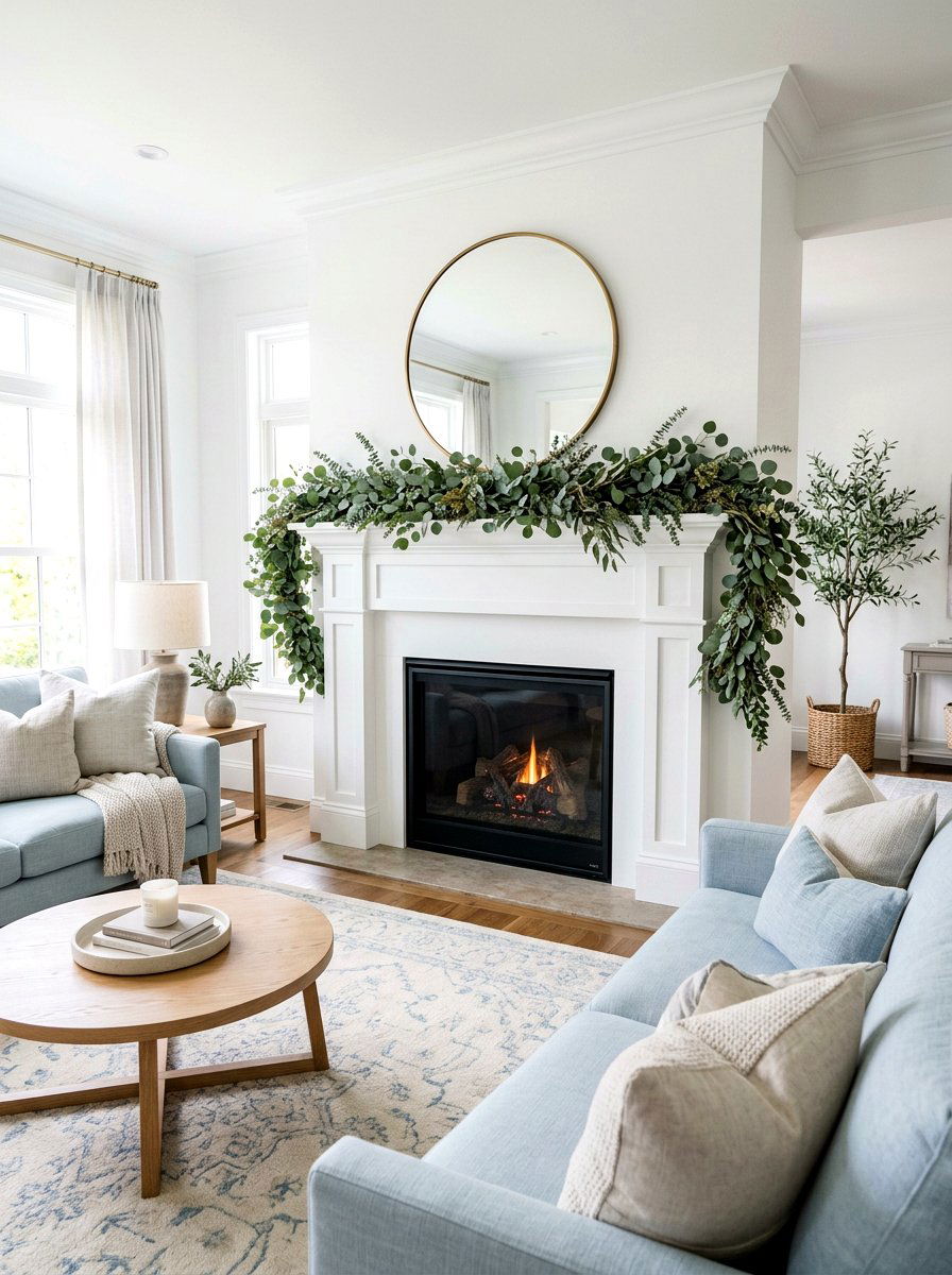 Eucalyptus Garland Mantel - 25 Spring Fireplace Mantel Ideas