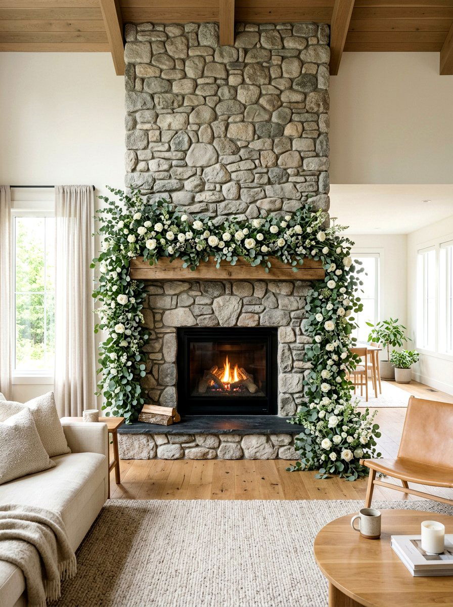 Eucalyptus Garland Mantel - 25 Spring Stone Fireplace Decor Ideas