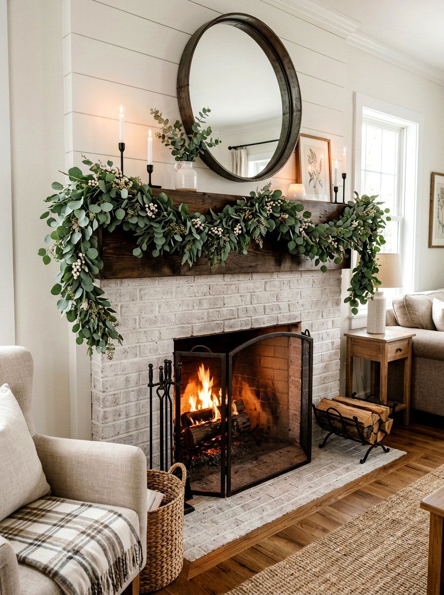 Eucalyptus Garland Mantel - 25 Spring Farmhouse Fireplace Ideas