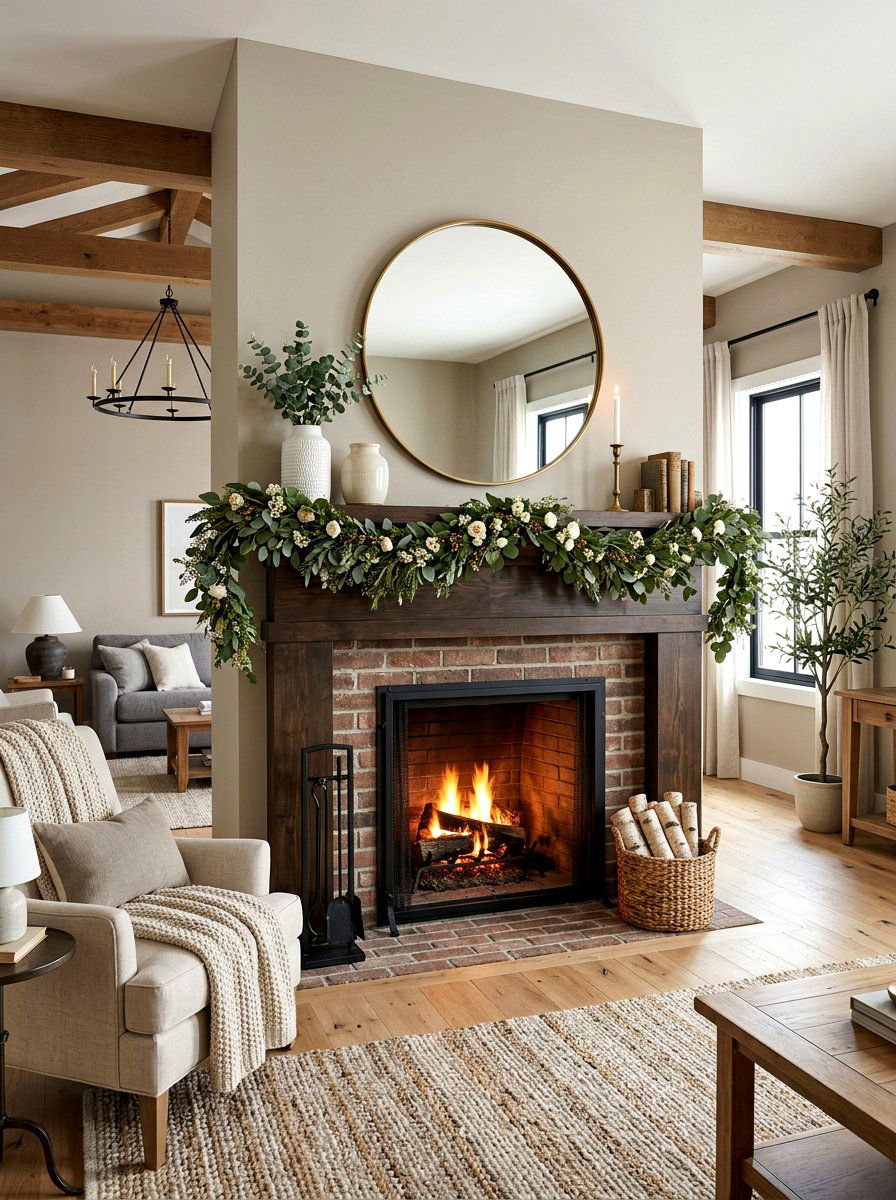 Eucalyptus Garland Wood Mantel - 25 Spring Rustic Mantel Ideas