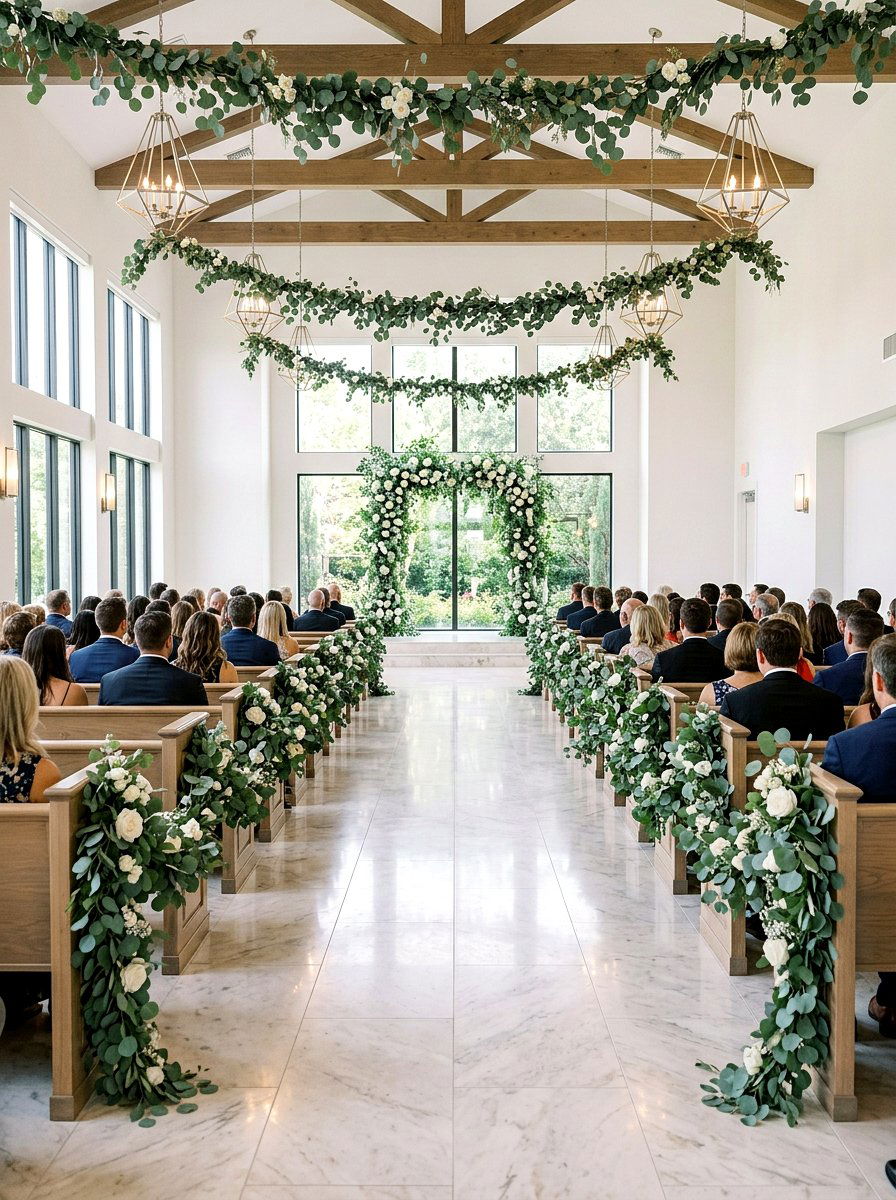 Eucalyptus Greenery Garlands - 25 Spring Wedding Pew Decor Ideas