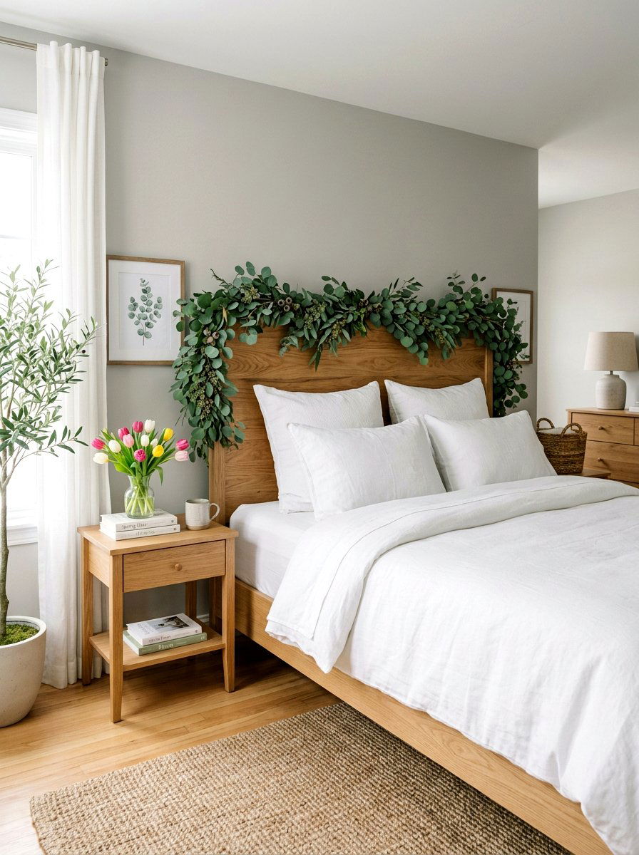 Eucalyptus Headboard Garland - 25 Spring Bed Frame Decor Ideas