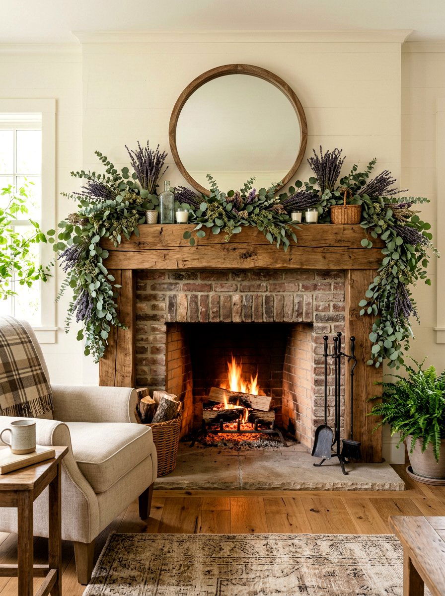 Eucalyptus Lavender Hearth - 25 Spring Mantel Floral Ideas
