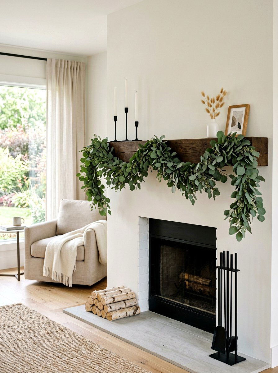 Eucalyptus Leaf Garland - 25 Spring Fireplace Decor Ideas
