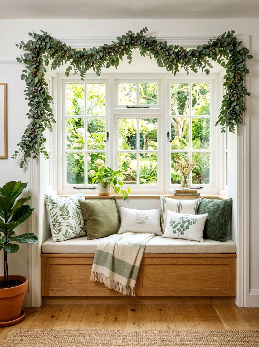 Eucalyptus Leaf Garland - 25 Spring Window Seat Decor Ideas