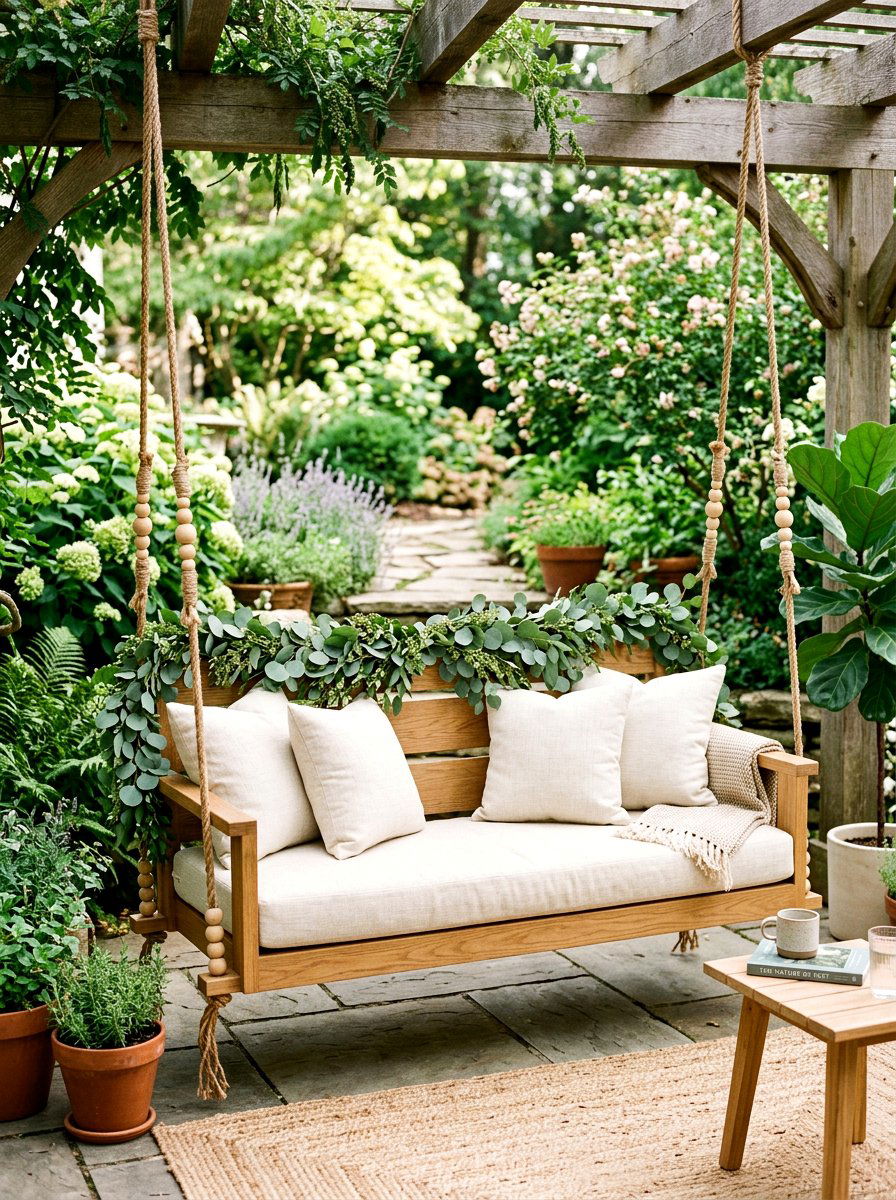 Eucalyptus Leaf Swing - 25 Spring Porch Swing Decor Ideas