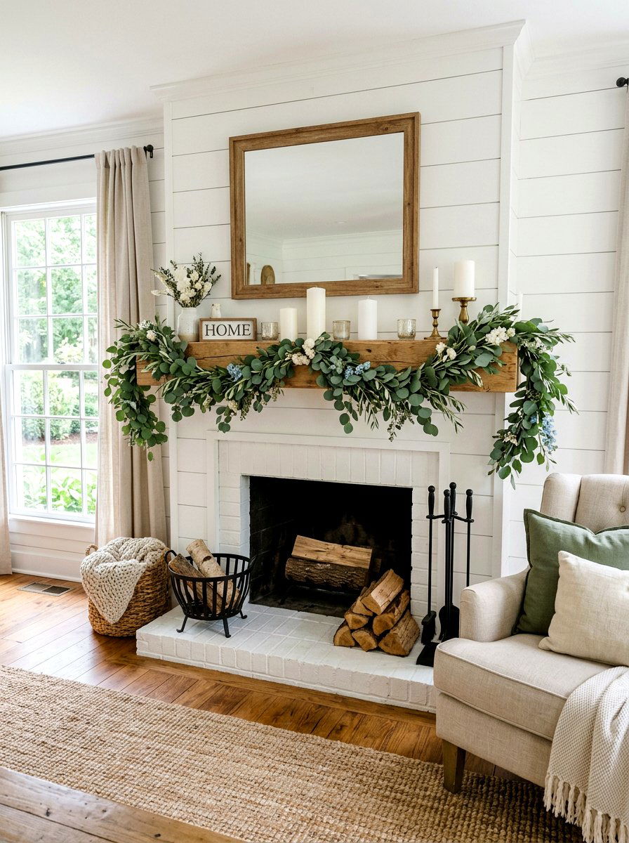Eucalyptus Mantel - 25 Spring Mantel Garland Ideas