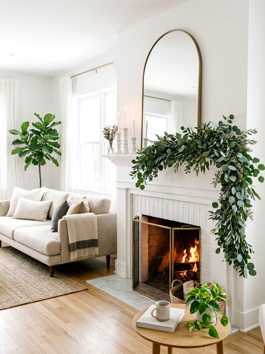 Eucalyptus Mantel - 25 Spring Garland Ideas for Mantel