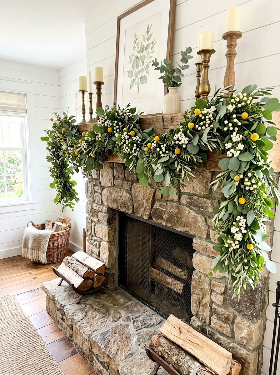 Eucalyptus Spring Garland - 25 Spring Cottage Mantel Ideas