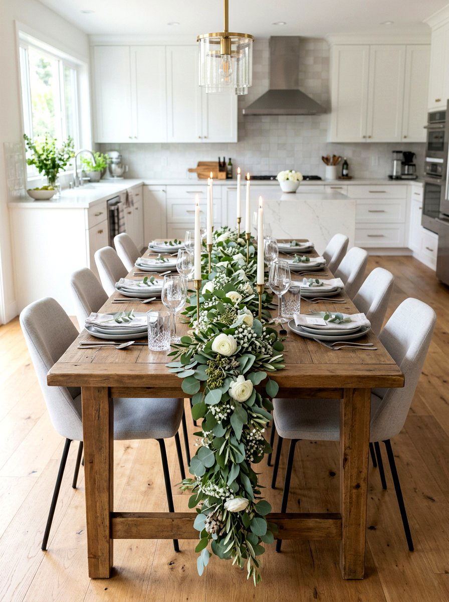Eucalyptus Table Garland - 25 Spring Kitchen Table Decor Ideas