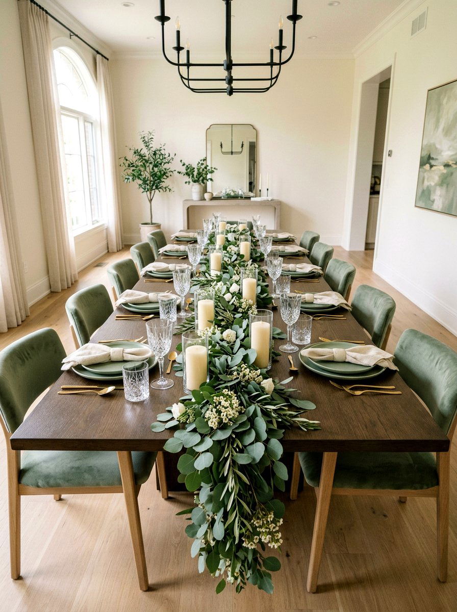 Eucalyptus Table Runner - 25 Spring Candle Arrangement Ideas