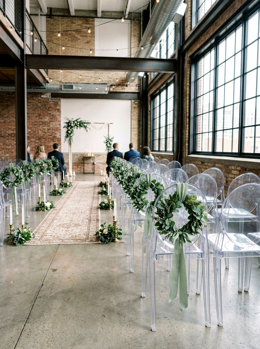 Eucalyptus Wreath Chair Accent - 25 Spring Wedding Aisle Decor Ideas