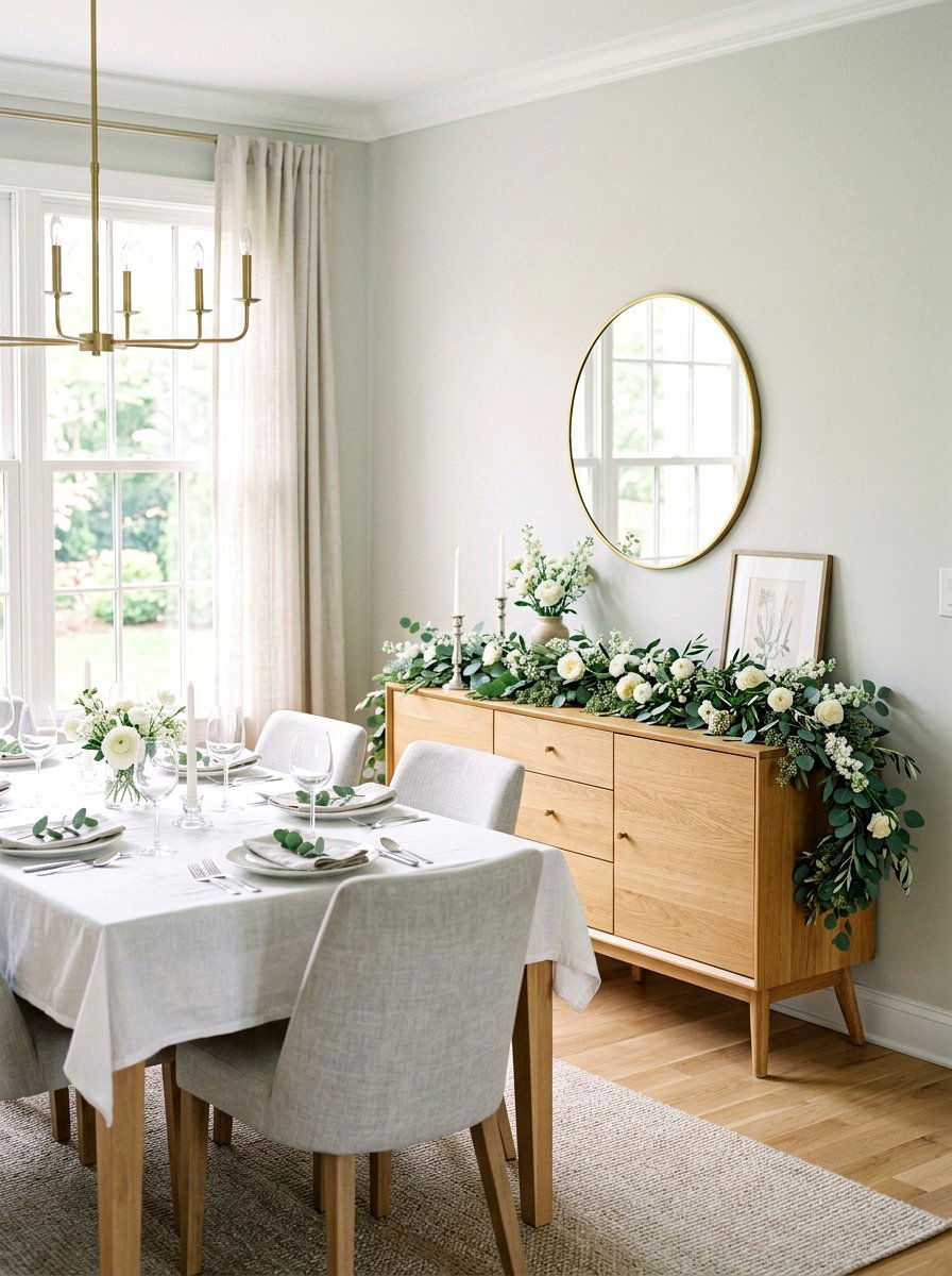 Eucalyptus and floral garland - 25 Spring Dining Room Buffet Ideas