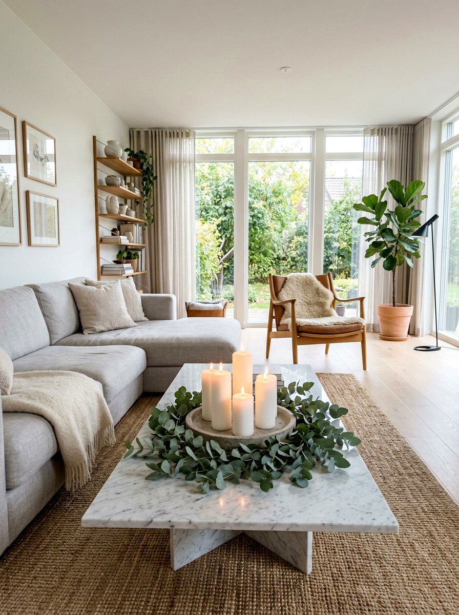 Eucalyptus and white pillar candles - 25 Spring Pillar Candle Ideas