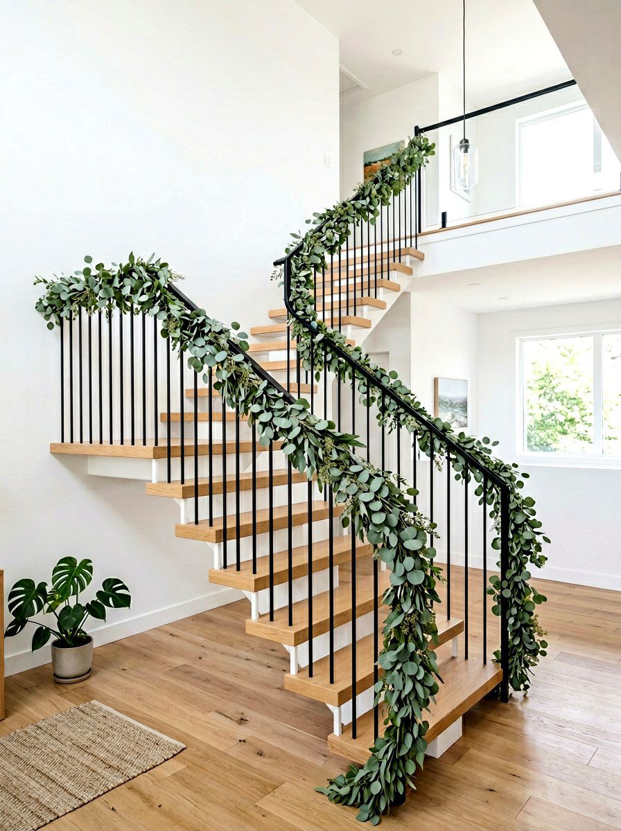 Eucalyptus banister wrap - 25 Spring Staircase Decor Ideas