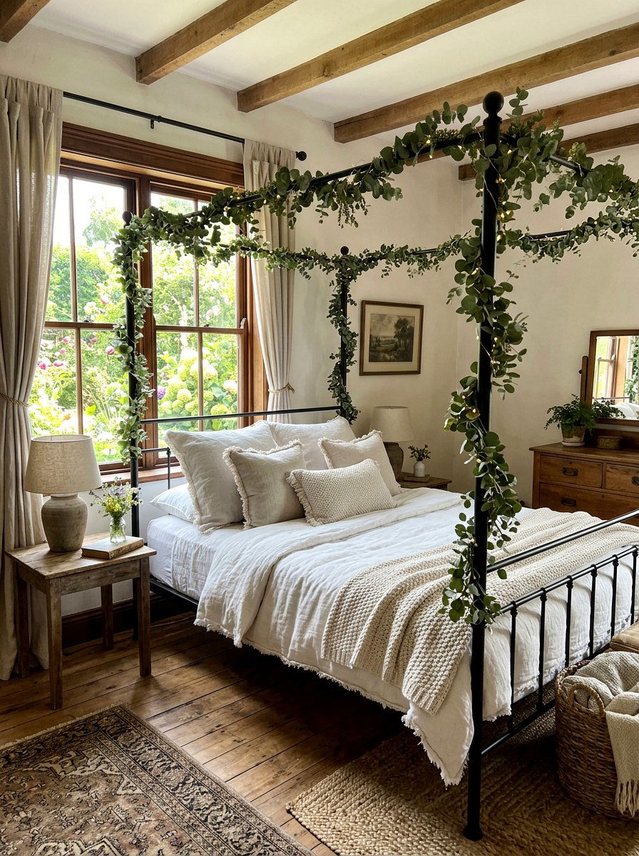 Eucalyptus garland bed frame - 25 Spring Four Poster Bed Decor Ideas