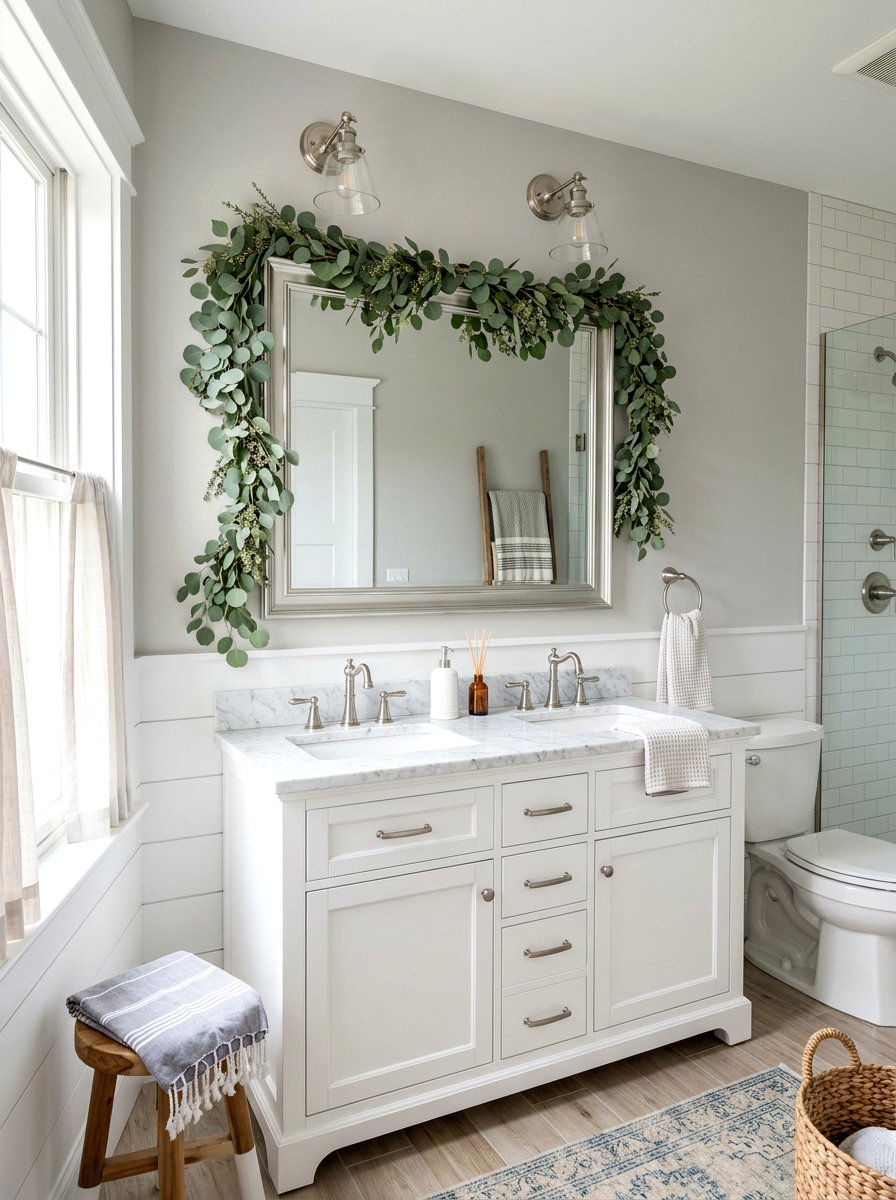 Eucalyptus garland for bathroom mirror - 25 Spring Bathroom Mirror Decor Ideas
