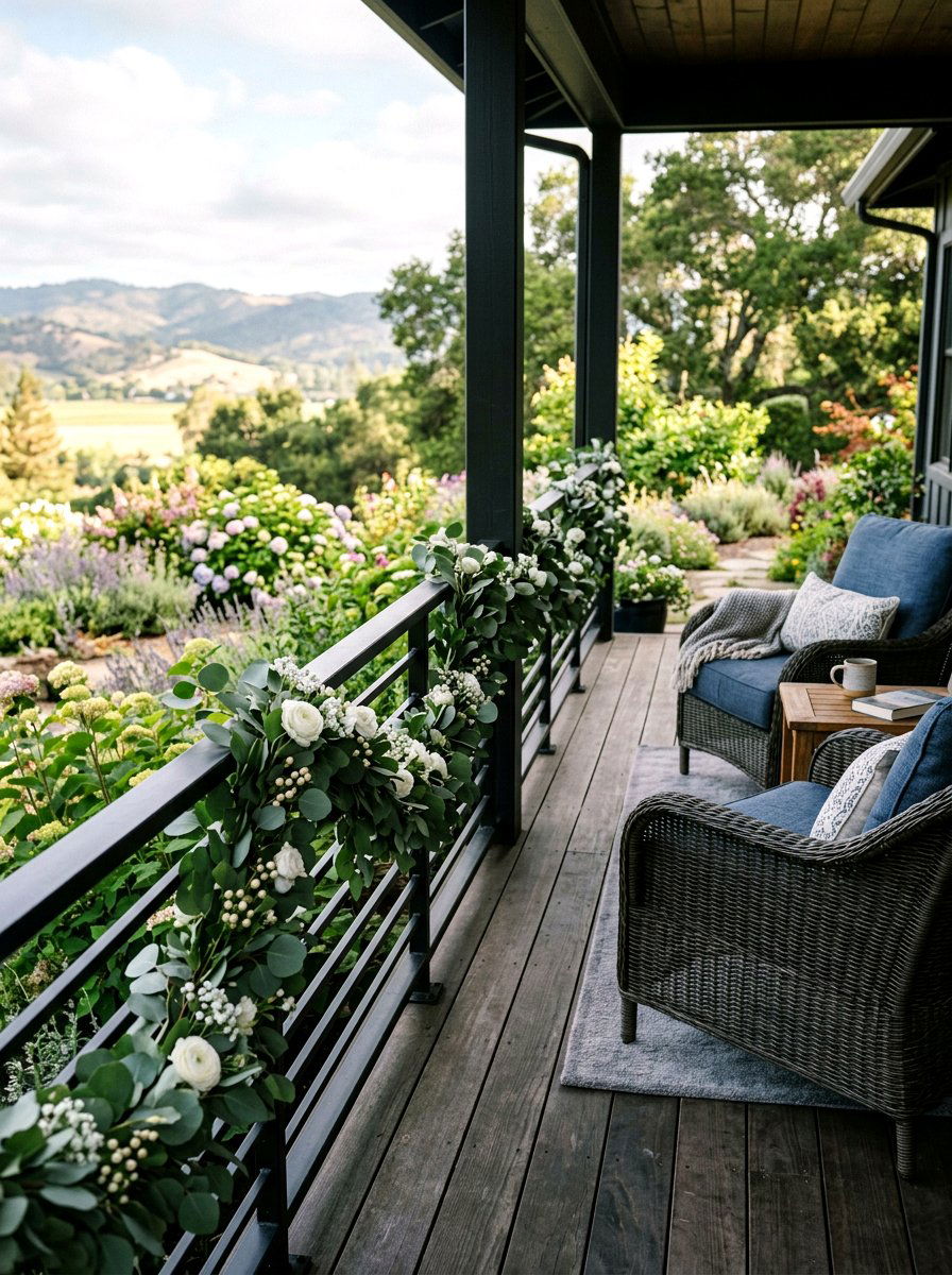 Eucalyptus garland for porch railing - 25 Spring Porch Railing Decor Ideas