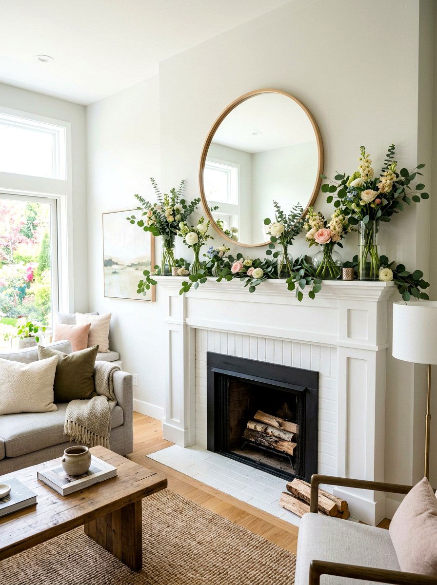 Eucalyptus mantel arrangement - 25 Spring Greenery Decor Ideas