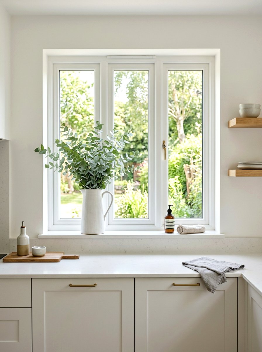 Eucalyptus window greenery - 25 Spring Kitchen Window Decor Ideas