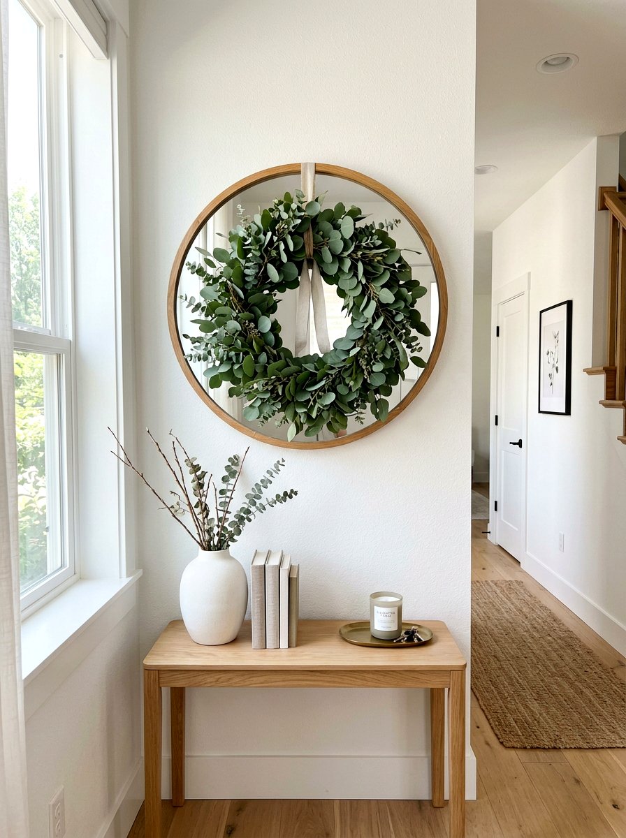 Eucalyptus wreath on round mirror - 25 Spring Wreath on Mirror Ideas