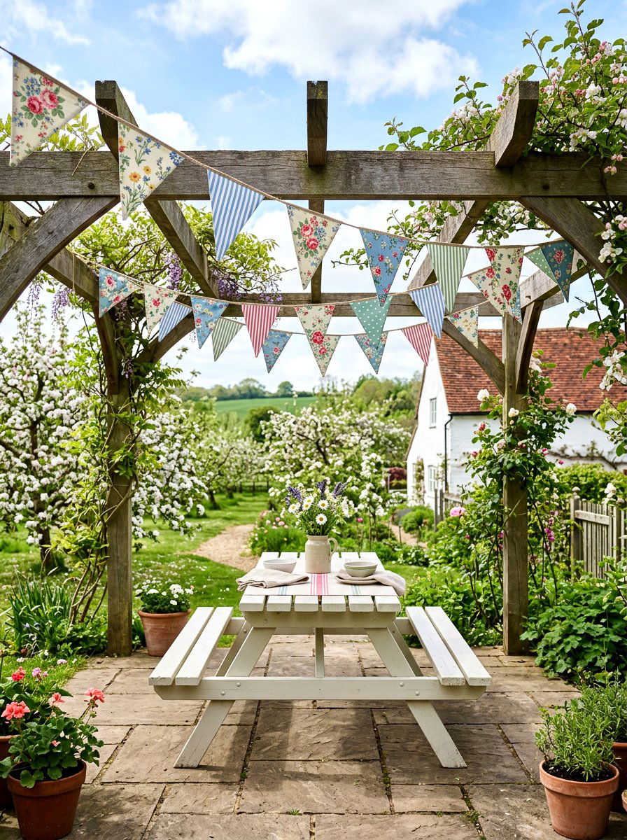 Fabric bunting banners - 25 Spring Pergola Hanging Decor Ideas
