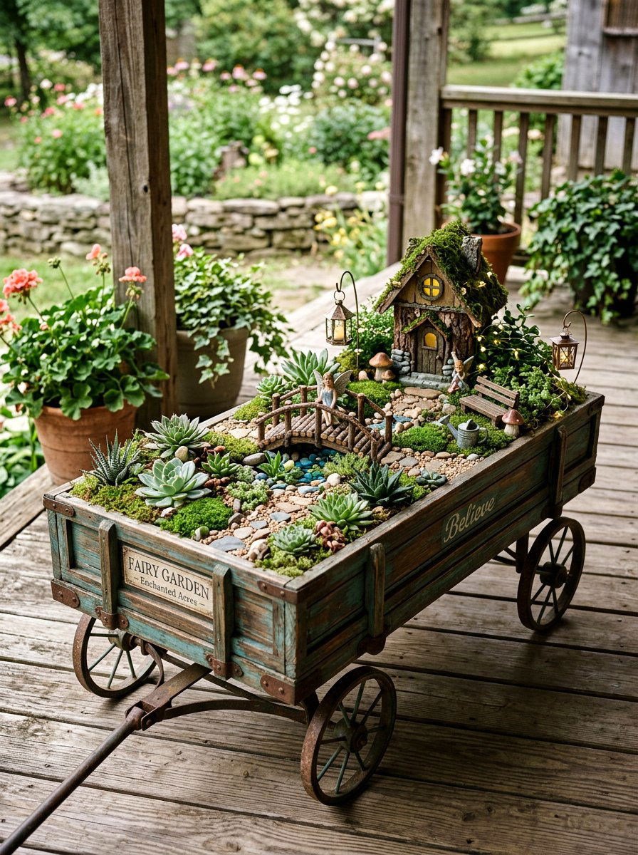 Fairy Garden Wagon - 25 Spring Porch Wagon Decor Ideas
