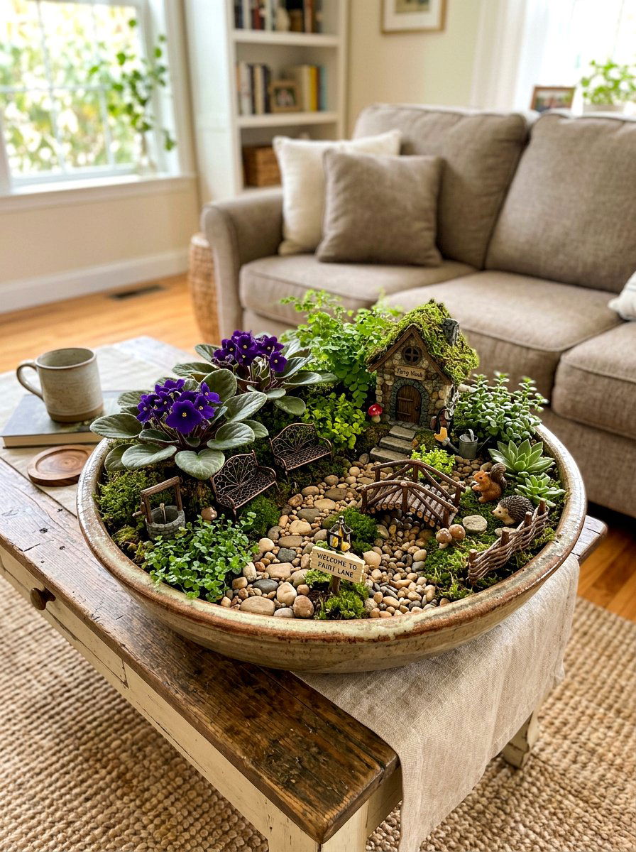 Fairy Garden with Violets - 25 Spring African Violet Display Ideas