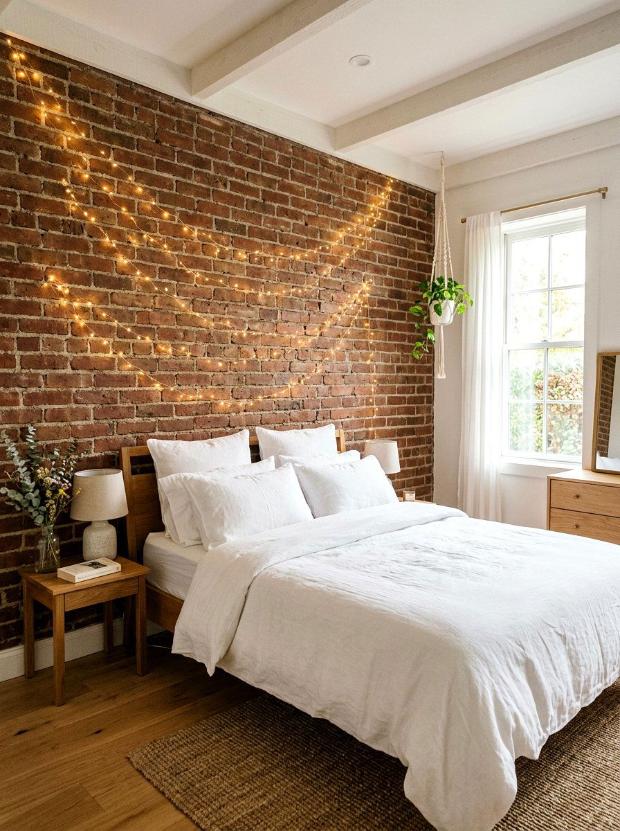 Fairy Lights On Interior Brick - 25 Spring Brick Wall Decor Ideas