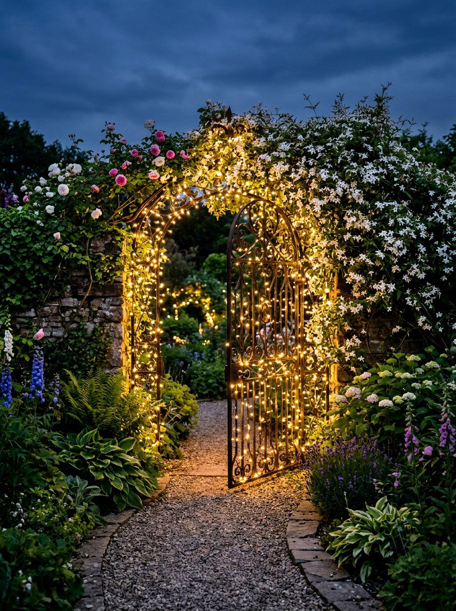 Fairy light garden gate - 25 Spring Garden Gate Decor Ideas