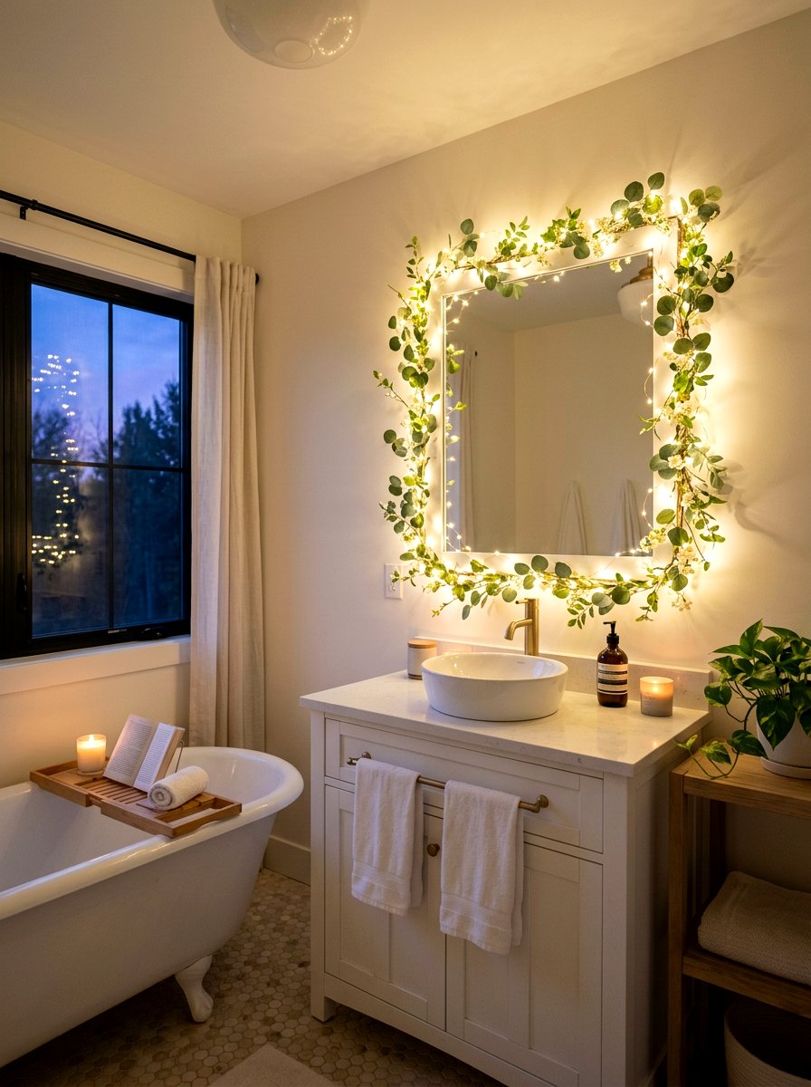 Fairy lights with spring leaves - 25 Spring Bathroom Mirror Decor Ideas