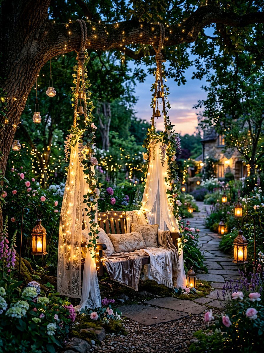 Fairytale Garden Swing Fairy Lights - 25 Spring Garden Swing Decor Ideas