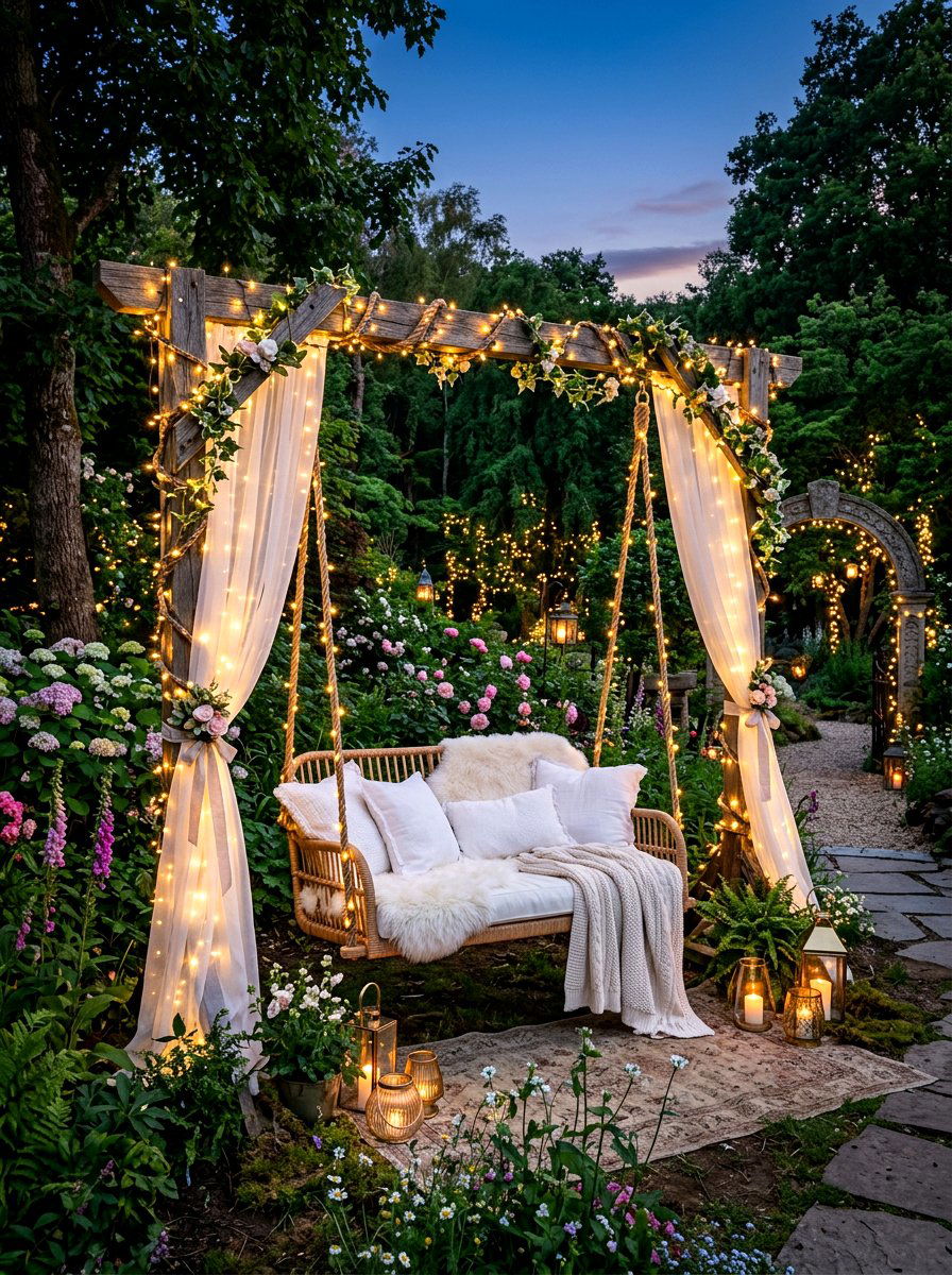 Fairytale Light Swing - 25 Spring Porch Swing Decor Ideas