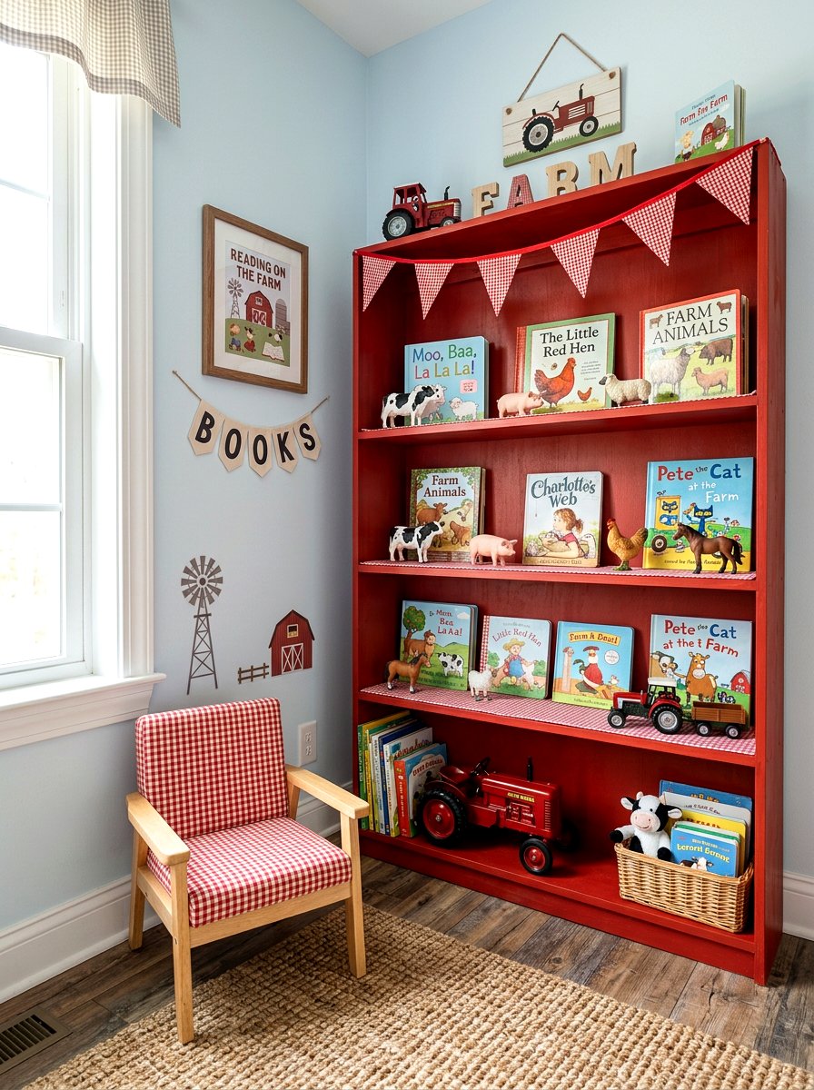 Farm animal book station - 25 Spring Bookshelf Ideas for Kids