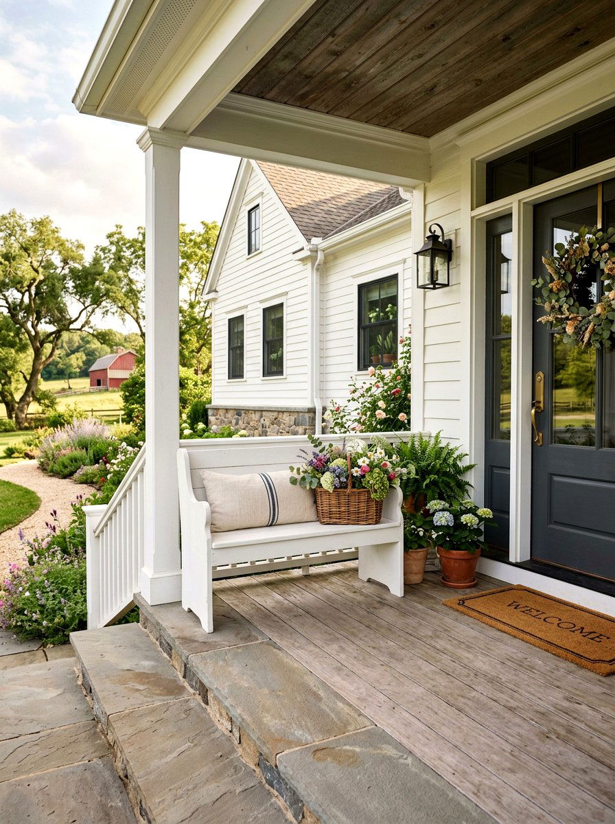 Farmhouse Bench Entryway - 25 Spring Porch Step Decor Ideas