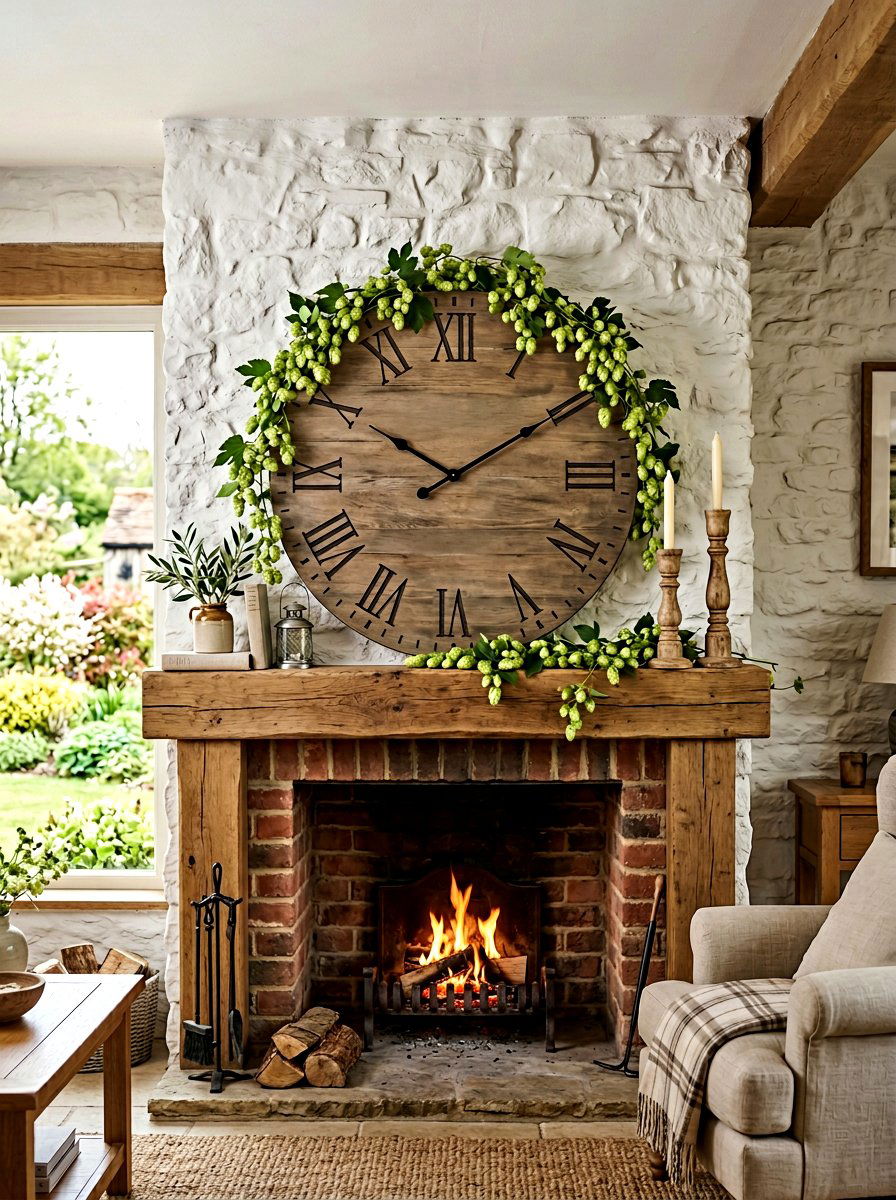 Farmhouse Clock Spring Greenery - 25 Spring Rustic Mantel Ideas