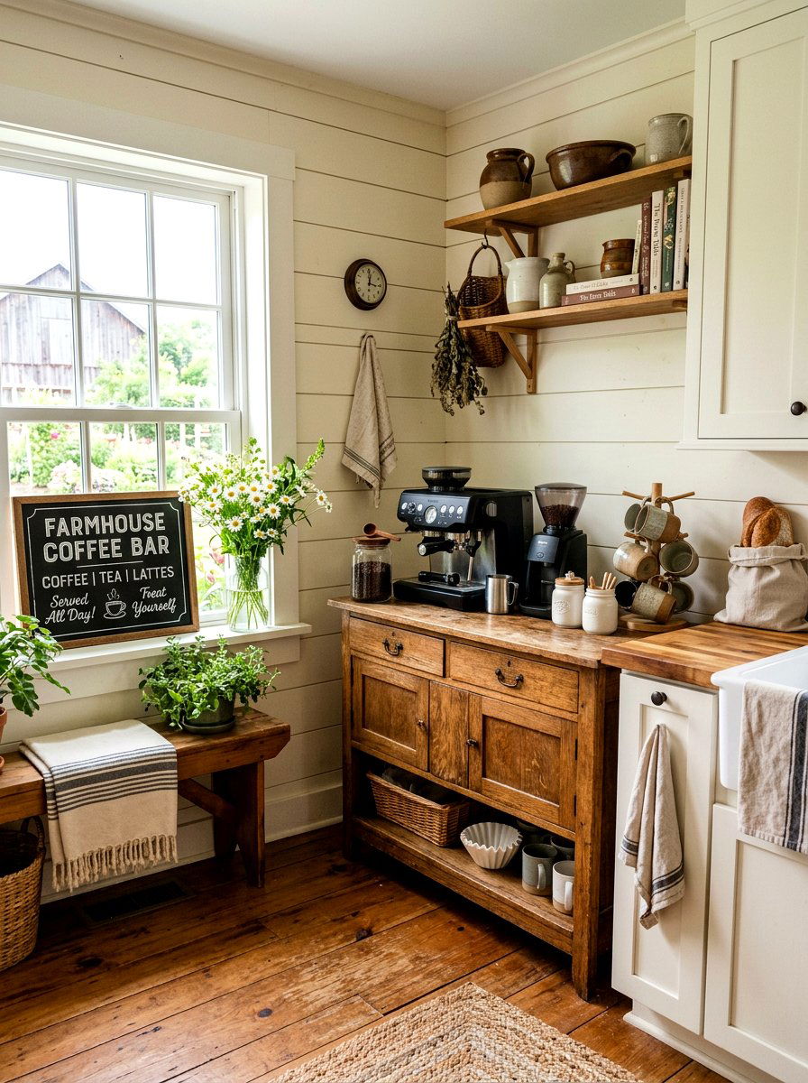 Farmhouse Coffee Bar - 25 Spring Rustic Decor Ideas