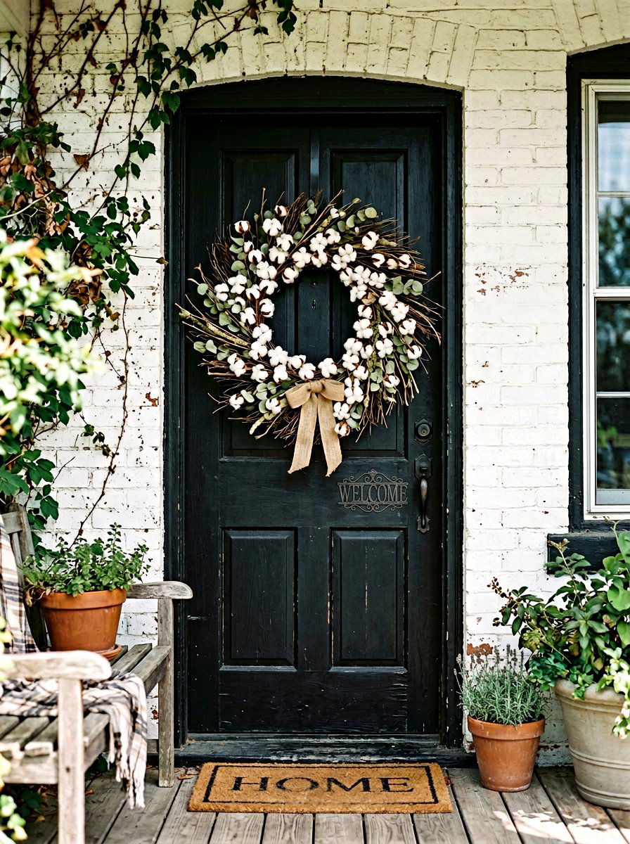 Farmhouse Cotton Boll Wreath - 25 Spring Outdoor Wreath Ideas
