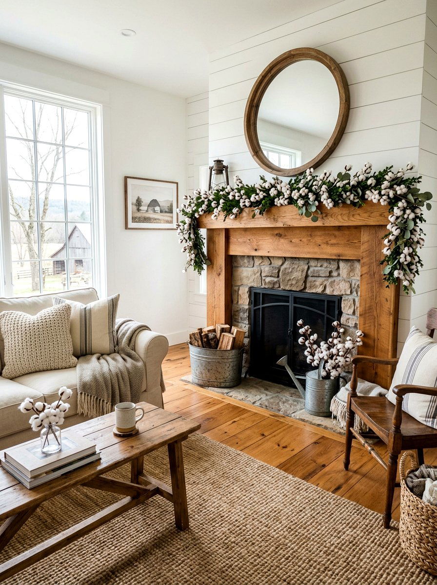Farmhouse Cotton Greenery - 25 Spring Mantel Floral Ideas