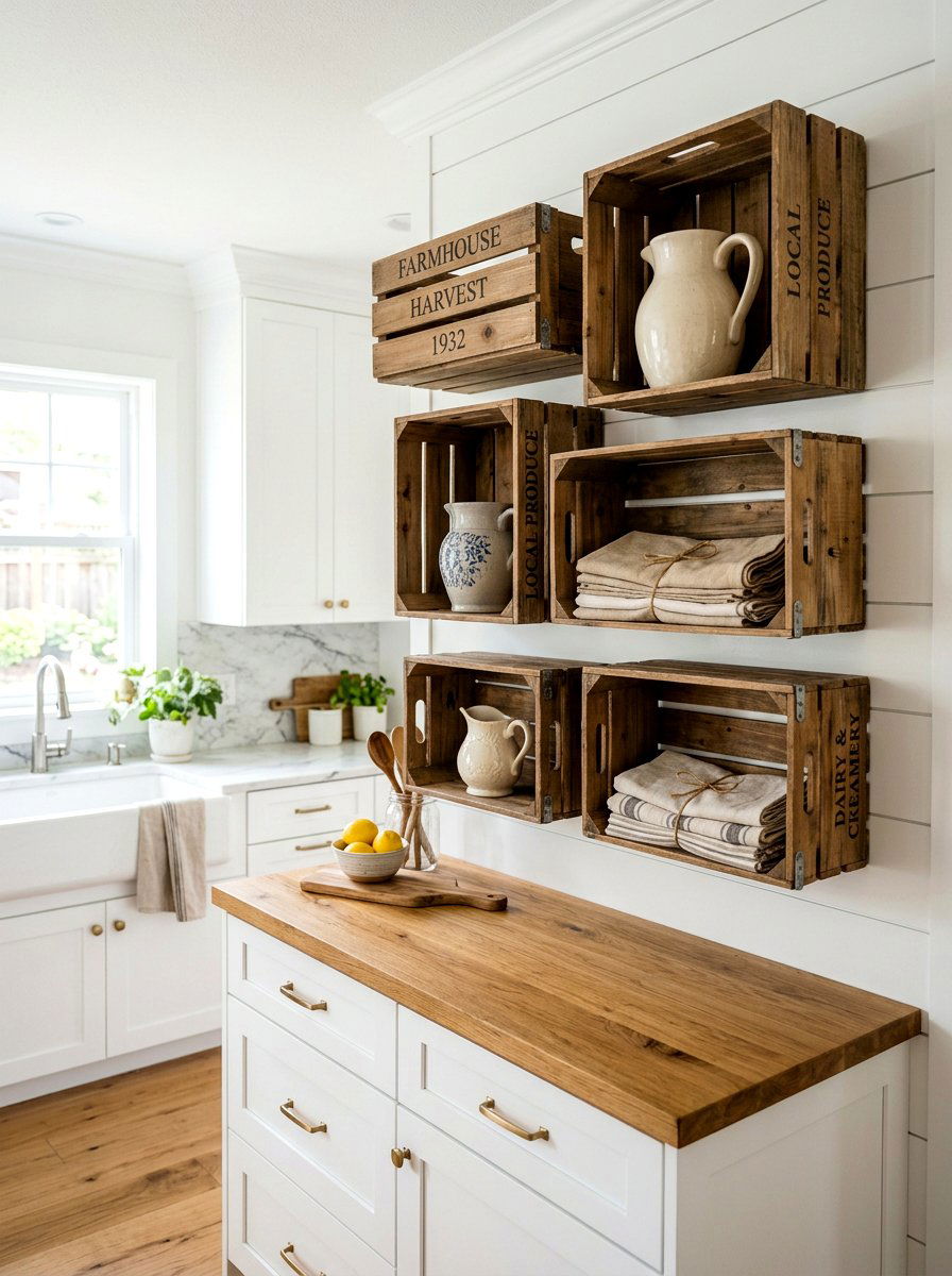 Farmhouse Crate Wall Shelf - 25 Spring Vintage Crate Decor Ideas