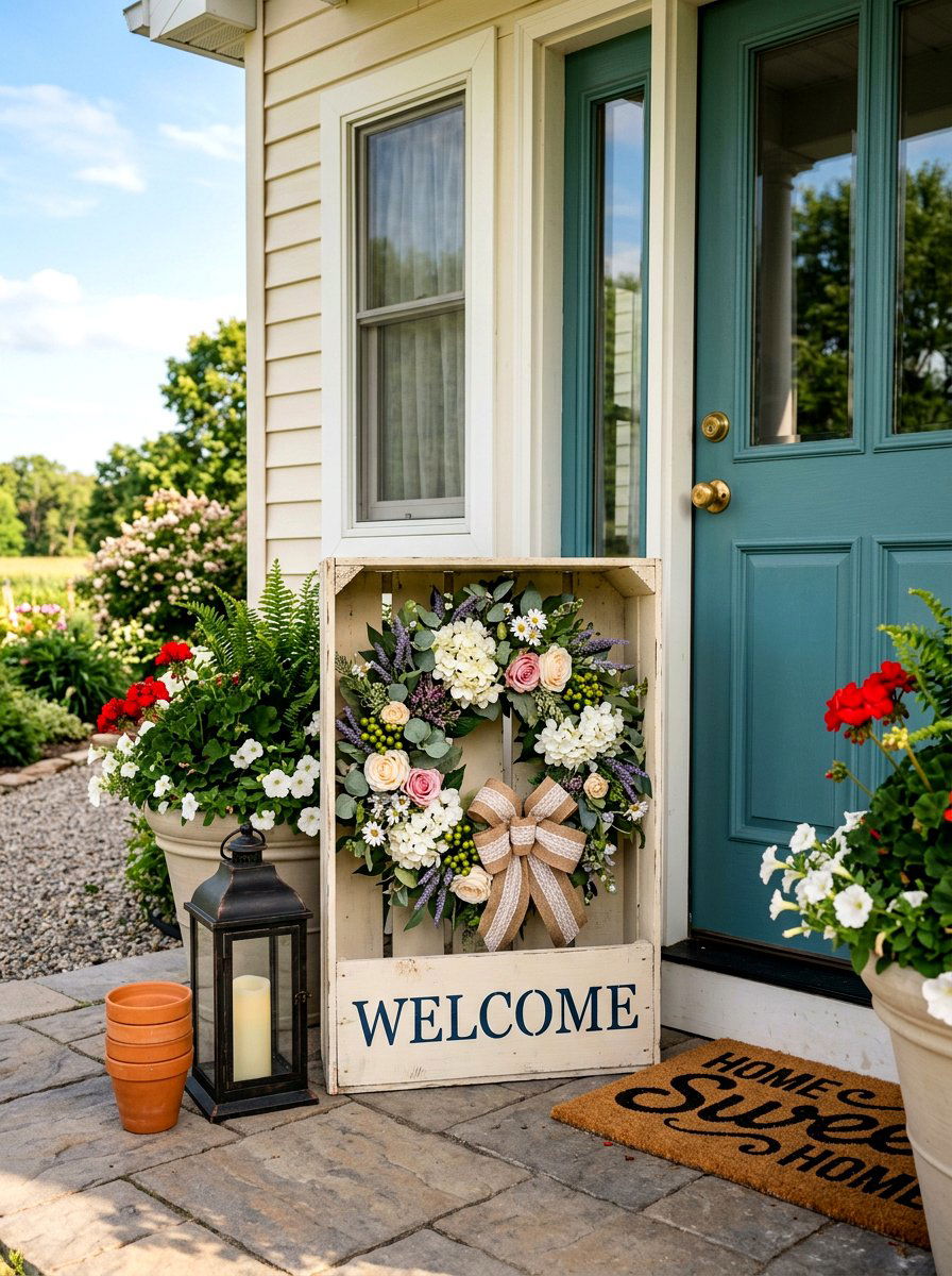 Farmhouse Crate Welcome Sign - 25 Spring Outdoor Crate Display Ideas