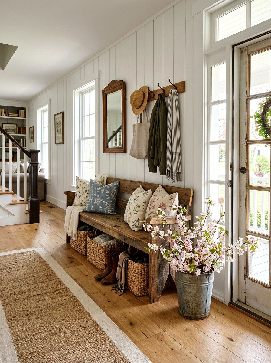 Farmhouse Entryway Bench - 25 Spring Rustic Decor Ideas