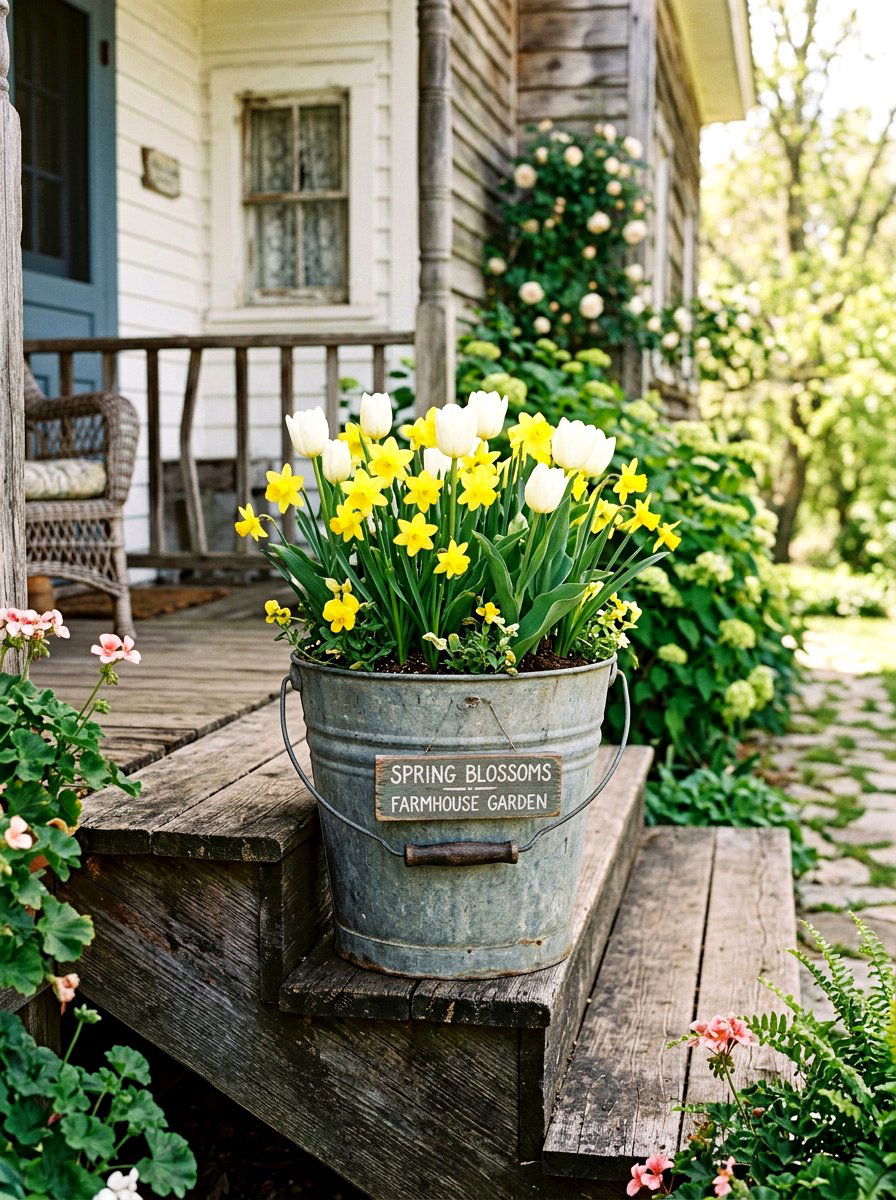 Farmhouse Galvanized Bucket Planter - 25 Spring Planter Decorating Ideas