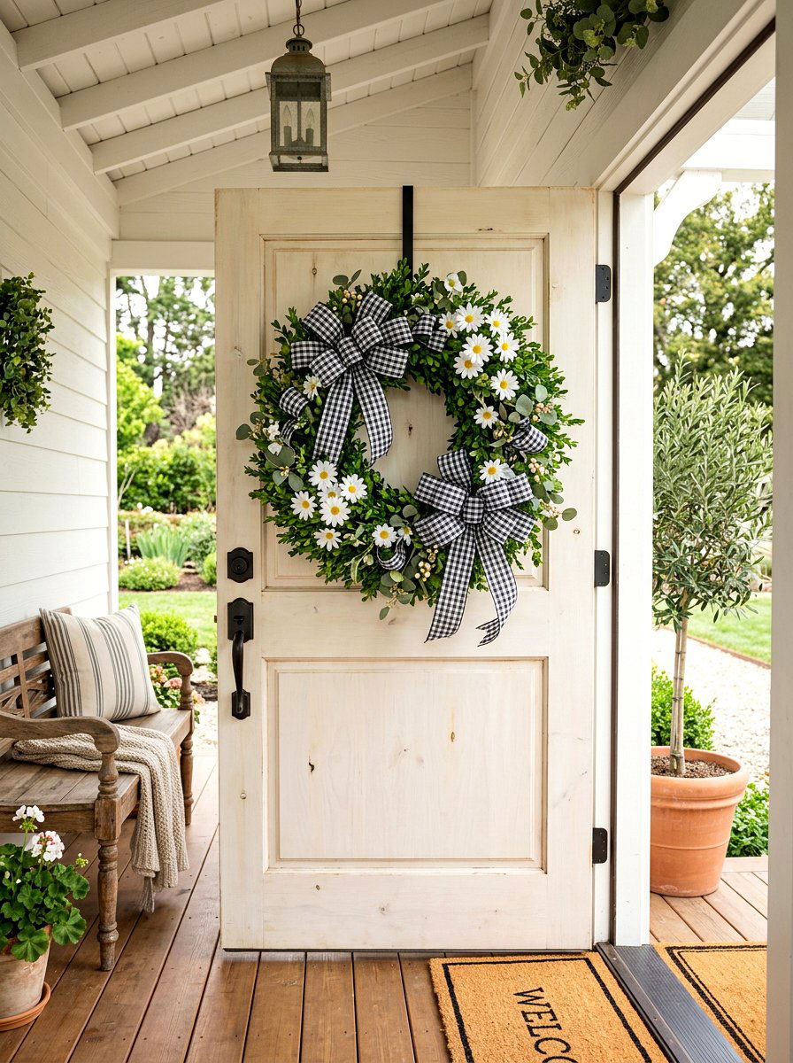 Farmhouse Gingham Ribbon Wreath - 25 Spring Ribbon Wreath Ideas