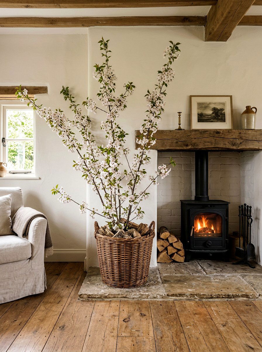 Farmhouse Hearth Basket - 25 Spring Farmhouse Fireplace Ideas