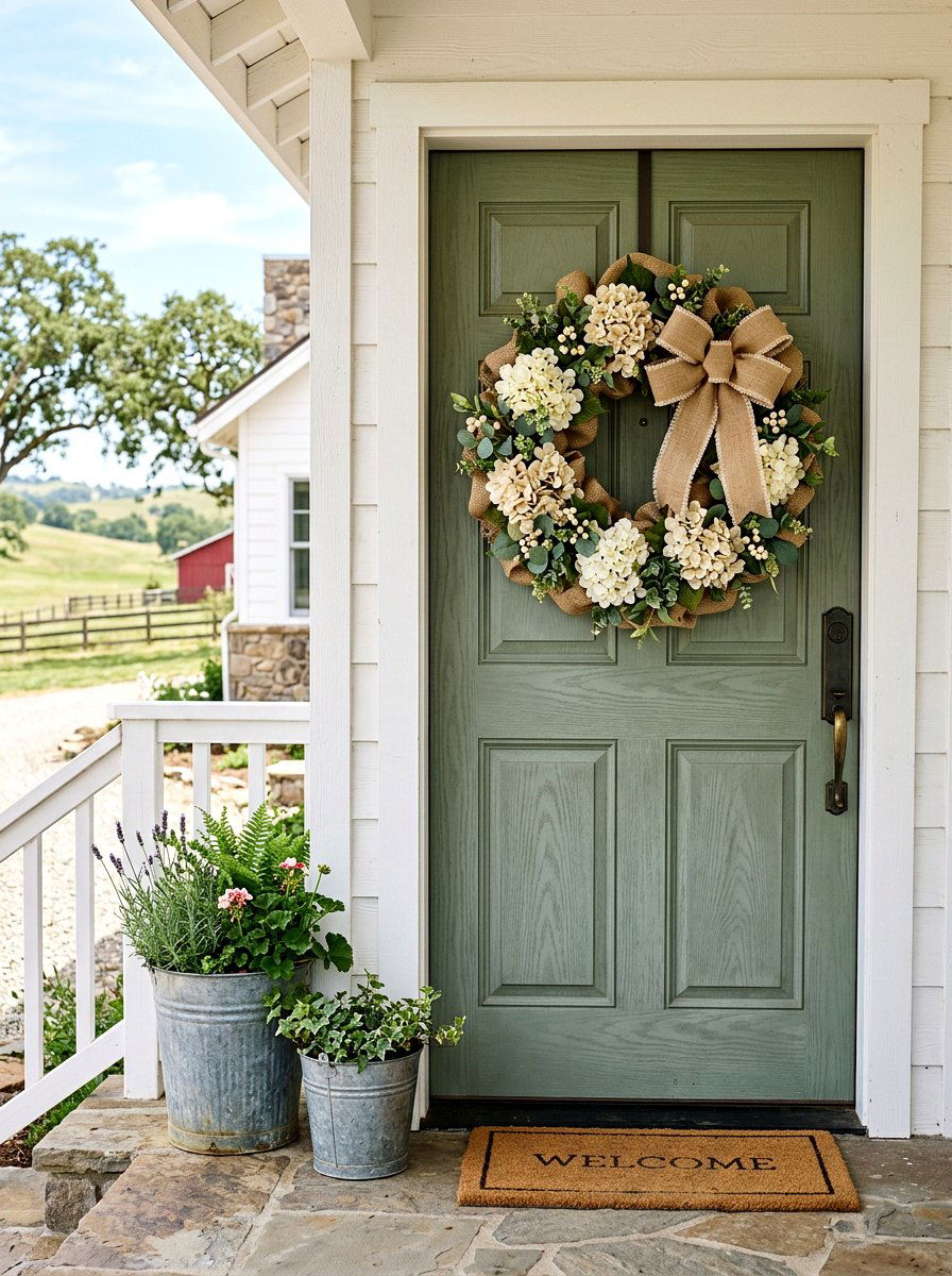 Farmhouse Hydrangea Burlap Ribbon - 25 Spring Hydrangea Wreath Ideas