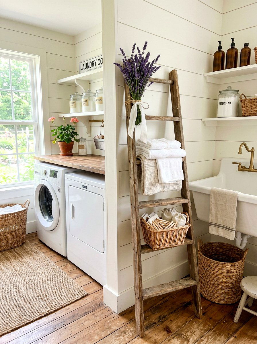 Farmhouse Laundry Room Refresh - 25 Spring Ladder Decor Ideas