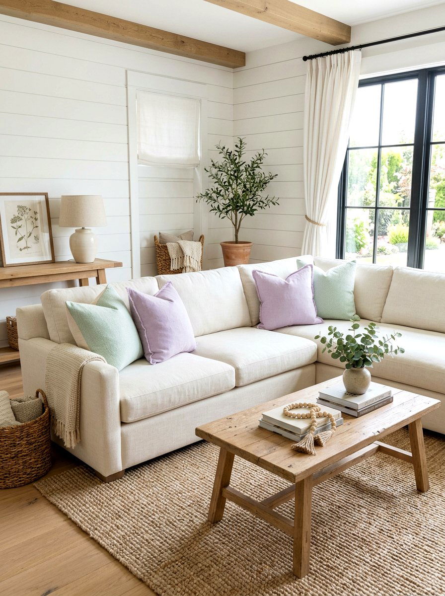 Farmhouse Living Room Pastel Pillows - 25 Spring Farmhouse Decor Ideas